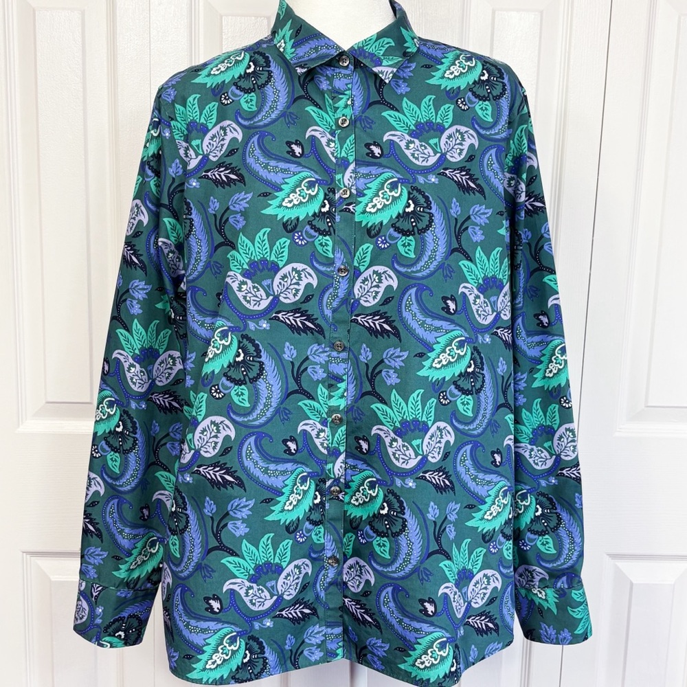 Lands' End Green & Purple Multi Paisley No Iron Supima Button Down Shirt 18